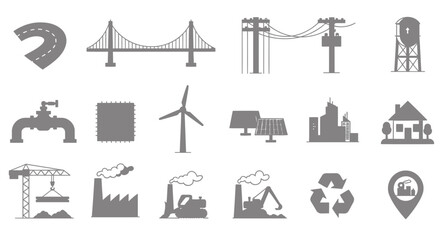 Set of infrastructure and industrial symbols including wind turbine solar panels factory and bridge. © GearUp