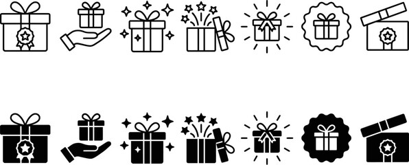 Fototapeta premium Gift giving icons set presents hands sparkles ribbons and open box illustrations
