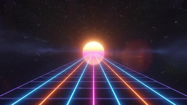 Retro Synthwave Grid Moving Toward Glowing Neon Sun