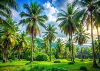 Fototapeta premium A serene tropical landscape with lush greenery and towering palm trees swaying gently in the breeze