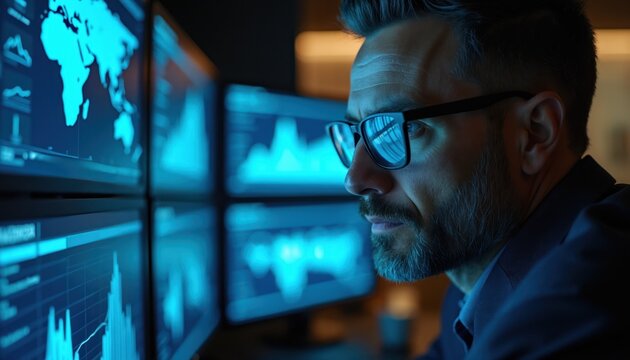 Man wears glasses, looks at screens showing world map and graphs. He works with data. Computer data analysis in office. Tech worker watches charts.