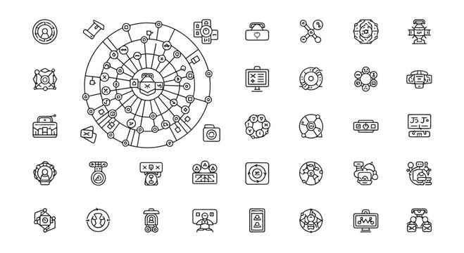 Complex network and data management line icons for information systems and cybersecurity.