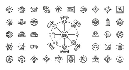 Fototapeta premium Logistic and transportation networking system linear icon set featuring various vehicle and logistics management symbols.