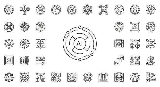 Artificial intelligence icons representing complex algorithms data processing and network systems.