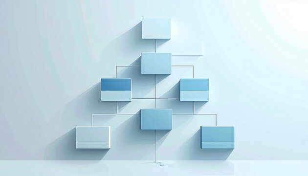Organization chart cubes connected by lines on a light blue background