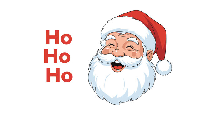 Jolly Santa Claus head with a white beard and red hat laughing with a big smile next to the text Ho Ho Ho on white.