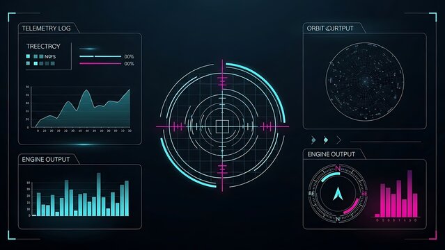 Futuristic digital interface displaying data visualization elements against a dark background
