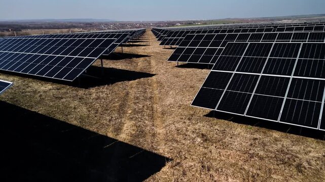 Solar panels arranged in rows on a grassy field under a clear blue sky, showcasing renewable energy technology in a sustainable landscape