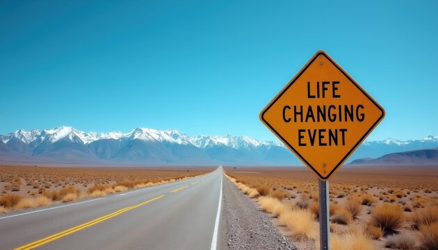 Yellow diamond sign warns of a life changing event on an empty desert road. Mountains rise in background under clear blue sky. Symbolizes decision points and future path.