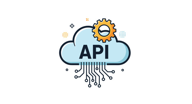 Conceptual illustration of a cloud with API text and a gear connected to circuit lines representing web service technology.