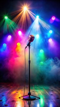Microphone on stand with colorful stage lights and fog machine