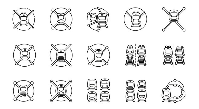 Set of modern train icons representing high-speed rail and railway transport systems.