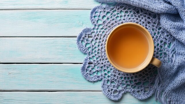 Top view of a cozy autumn or winter scene, embodying comfort, relaxation, and a peaceful morning break