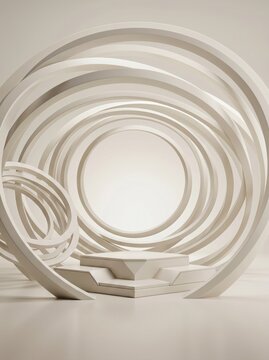 A modern, white, spiral sculpture stands alone in a clean, minimalist room with a subtle light source