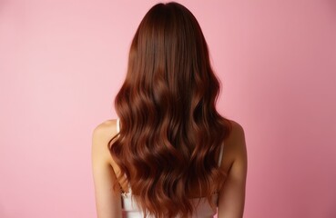 Naklejka premium Brunette woman displays long wavy hair with volume. Back view isolated on pink shows healthy natural locks. Elegant beauty style concept, perfect for haircare ads.