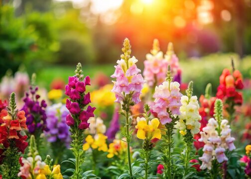 Colorful Toadflax flowers blooming in a lush garden with vibrant greenery and soft sunlight