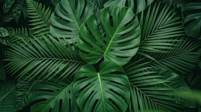 Abstract tropical leaf texture on a dark green background, lush botanical foliage pattern with rich natural layers, elegant jungle inspired backdrop for wellness, spa, eco design and packaging, soft