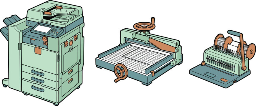 Office equipment collection including a copier paper cutter and binding machine flat design illustration for business concepts
