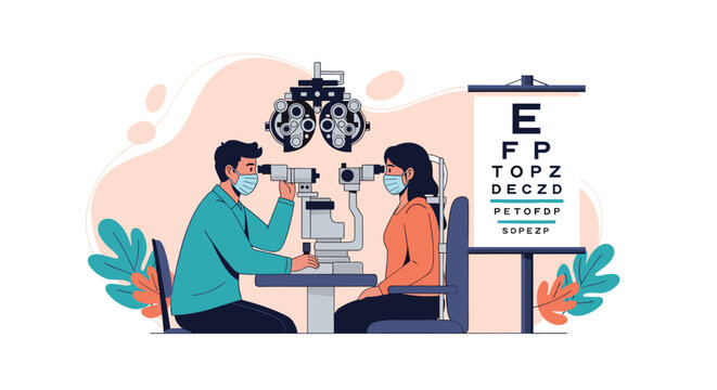 Optometrist in a face mask using a phoropter and eye chart to check the vision of a female patient in a clinic.