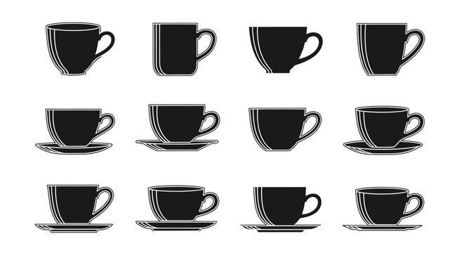 Set of black coffee cups with layered shadow outlines and modern minimalist design featuring mugs and saucers for sleek kitchenware catalogs and cafe branding