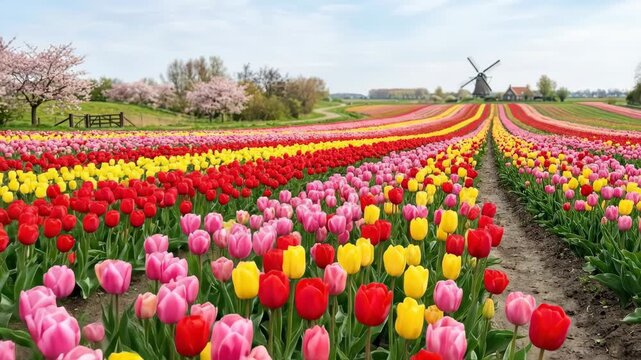 Field of colorful tulips with red, yellow and pink blooms, vibrant spring flower landscape with dense petals and fresh seasonal beauty, ideal for gardening, nature and Easter themes, soft natural