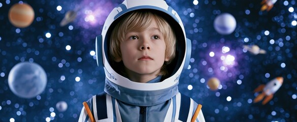 Obraz premium Child in futuristic astronaut suit exploring vibrant galaxy with floating planets and rockets.