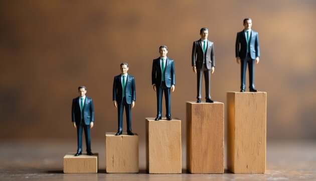 Small businessman figurines stand on wooden blocks of increasing height. Concept of career growth, promotion, wage increase, work hierarchy, and corporate ladder. Business men in suits.