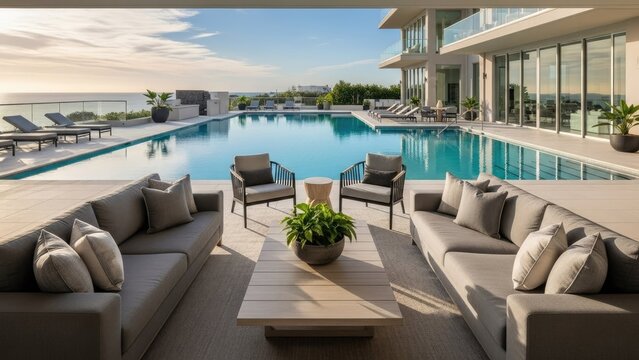High-end rooftop pool deck with modern lounge seating.