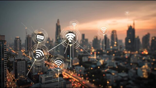 Social media fo city and Smart digital Innovation city with connection network reciprocity over the cityscape. of future smart wireless city and social media networking systems that connects business