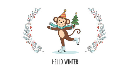 Fototapeta premium Adorable monkey character wearing a scarf and hat ice skating while holding a small Christmas tree in a winter setting.