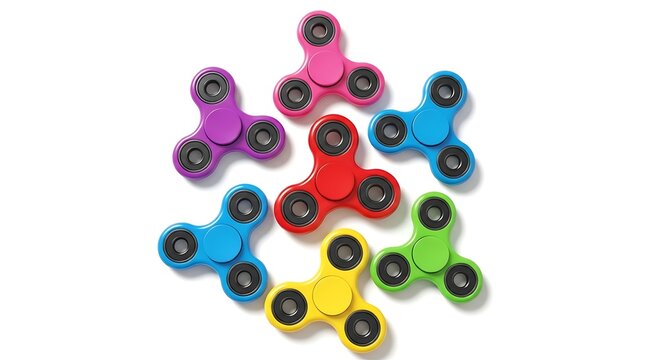 Colorful fidget spinners arranged in a circle on white background with colorful