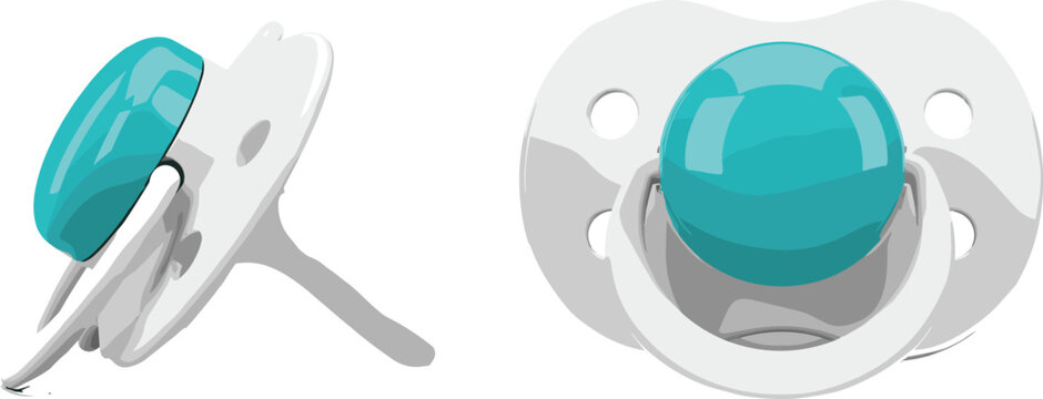 Baby Pacifier Vector Set with Front and Side Views of Blue and White Silicone Soothers for Infant Care Blogs, Maternity Stores, and Newborn Product Packaging