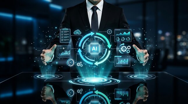 Businessman controls innovative AI interface displaying data analytics, charts, and automation cycles in a modern futuristic office.