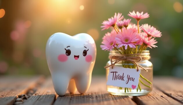 Cute smiling tooth character with pink cheeks stands near jar of pink flowers. A small thank you note attached to the jar. Warm sunlight illuminates the scene on a wooden table.