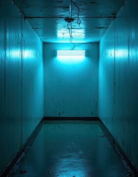 Empty room with blue fluorescent light, water on floor and walls. Dark hallway with puddles and reflections. Isolated, abandoned, eerie atmosphere with dripping moisture.