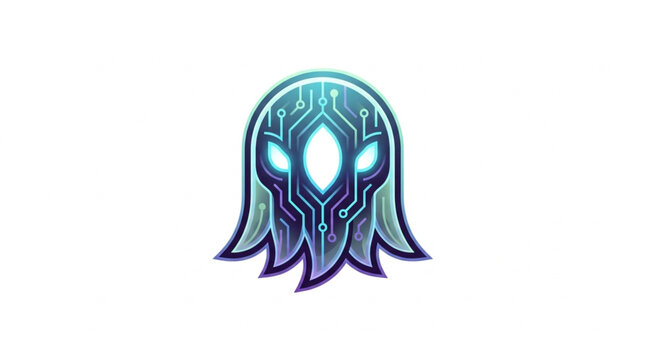 Futuristic digital ghost icon with glowing eyes and circuit patterns.