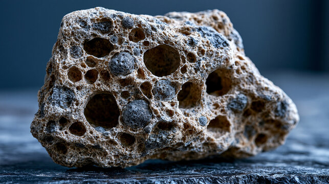 Volcanic pumice stone resting on obsidian surface, vesicular porosity visible across entire macro frame, gas bubble cavities of varying diameter frozen mid-formation, geological specimen framing cap