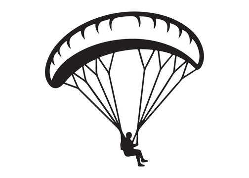 paraglider in sky logo silhouette vector, flying with a parachute silhouette vector illustration, extreme sport logo silhouette, skydiving parachute logo vector silhouette on white background.