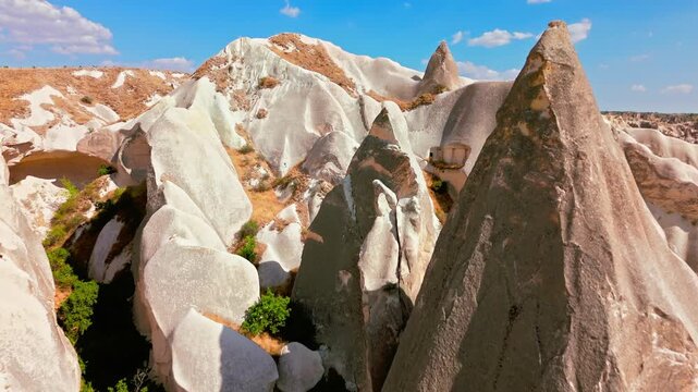 Drone view of Cappadocia, Turkey white rock formations. Smooth cliffs, cave openings and blue sky frame a dramatic natural landmark.