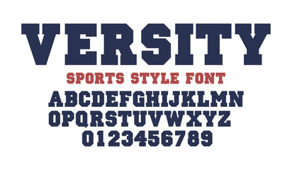 Varsity classic college font. Vintage sport serif font in american style for football, soccer, baseball and basketball. Alphabet and numbers with outline in varsity style © crossover