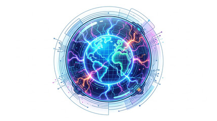 Futuristic glowing orb with Earth inside and electrical energy. © Iwan