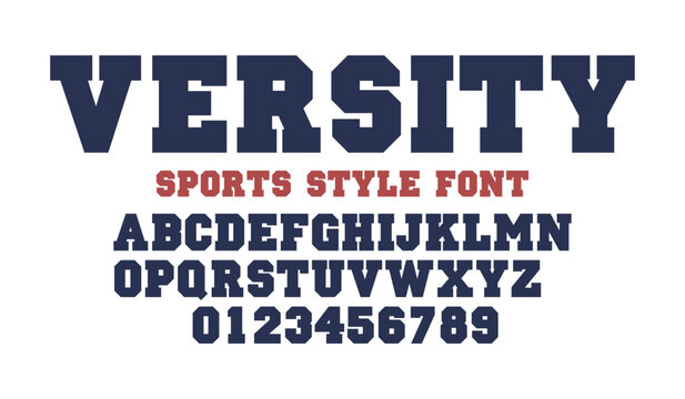 Varsity classic college font. Vintage sport serif font in american style for football, soccer, baseball and basketball. Alphabet and numbers with outline in varsity style