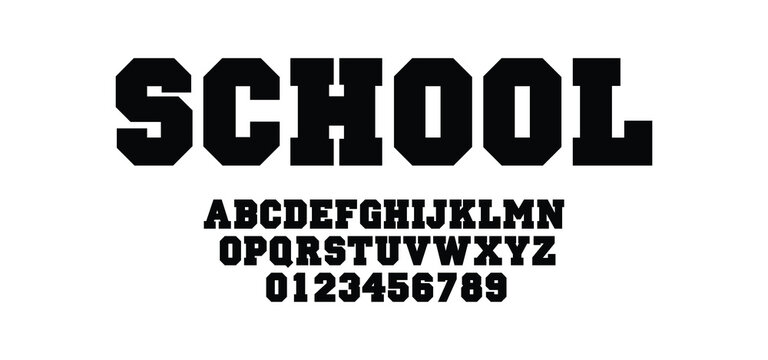 School, Sport classic college font. Vintage sport serif font in american style for football, soccer, baseball and basketball. Alphabet and numbers with outline in varsity style