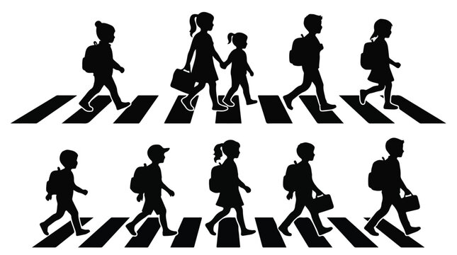 Silhouettes of children walking and running across a crosswalk
