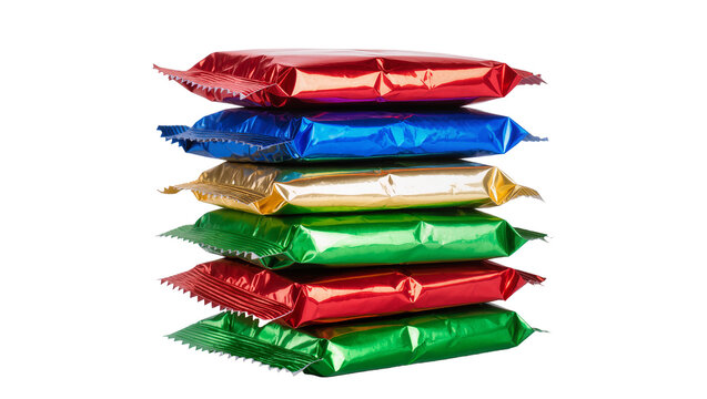 Stack of colorful foil-wrapped candy bars