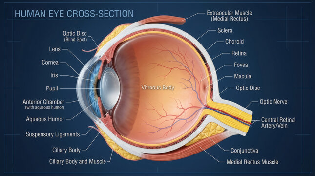 Detailed cross-section illustration of the human eye, highlighting anatomical structures with labels