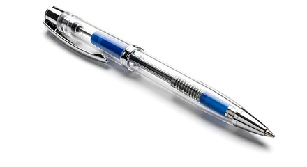 Clear retractable ballpoint pen with blue ink cartridge isolated, ballpoint