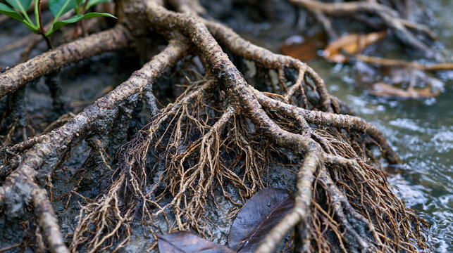 Estuary mangrove root system at low tide, Rhizophora mangle prop root tangle emerging from tidal mud flat, intertidal ecosystem architecture, tropical coastal habitat root network texture in brackis