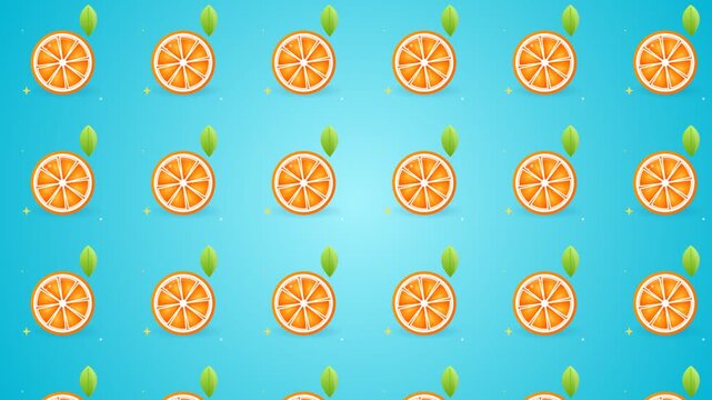 Seamless loop animated background of rotating orange fruits and tropical green leaves on vibrant blue gradient, flat vector motion graphic