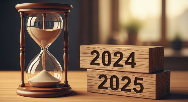 Hourglass and wooden blocks representing years 2024 and 2025 illustration
